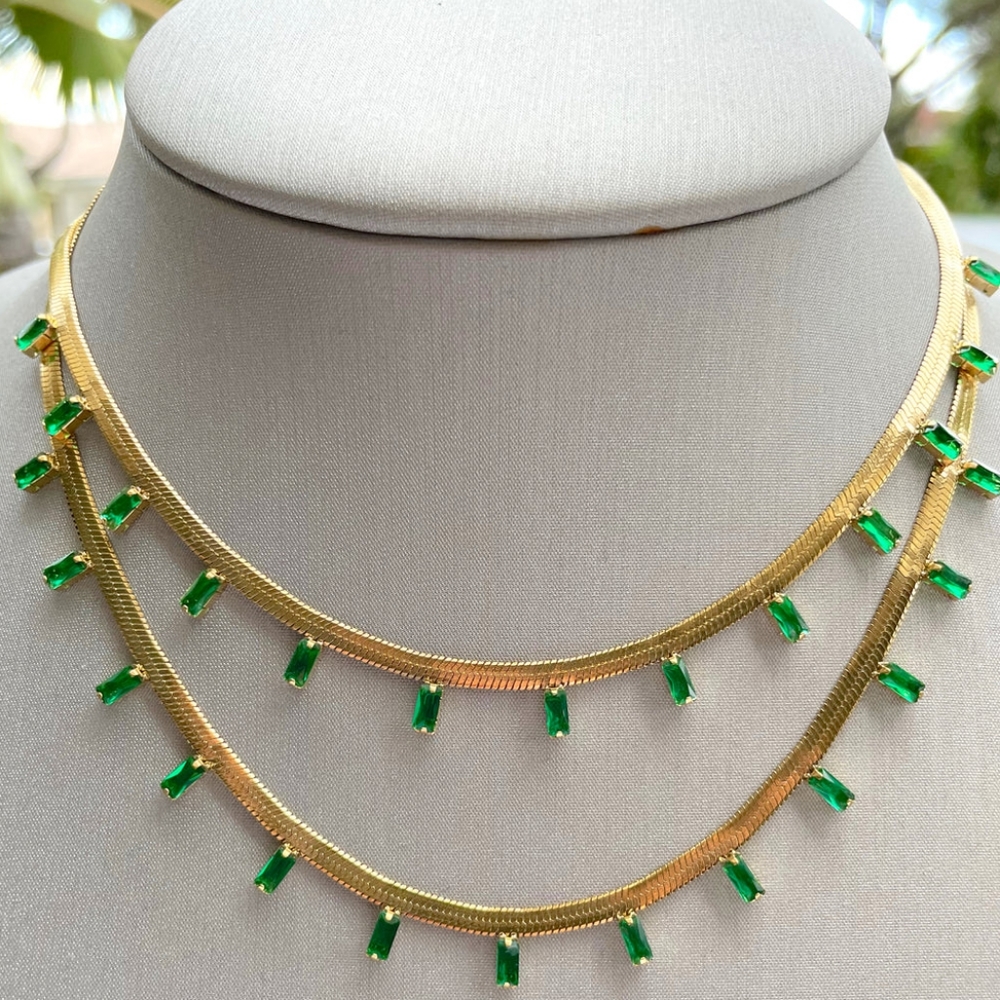 Stampd Gold-Tone Layered Necklace with Emerald Green Stone Drops